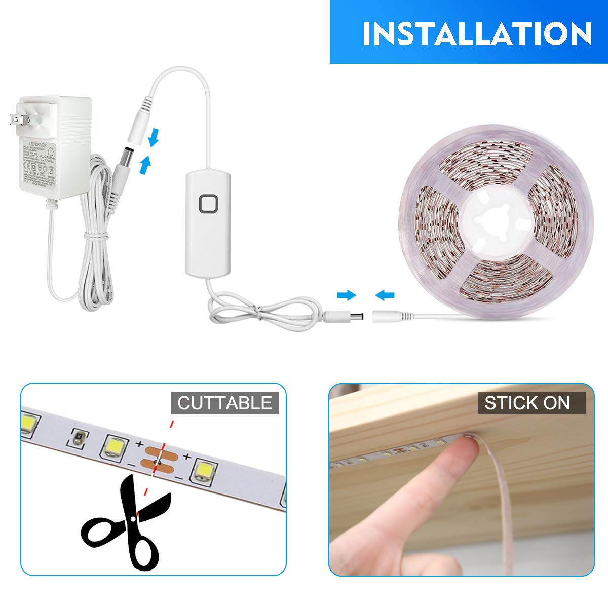 MYPLUS 50FT Dimmable LED Strip Lights, 6500K Cold White, Flexible Tape Light with 900 LEDs, UL Listed Power Supply, Model MUSZH1186K