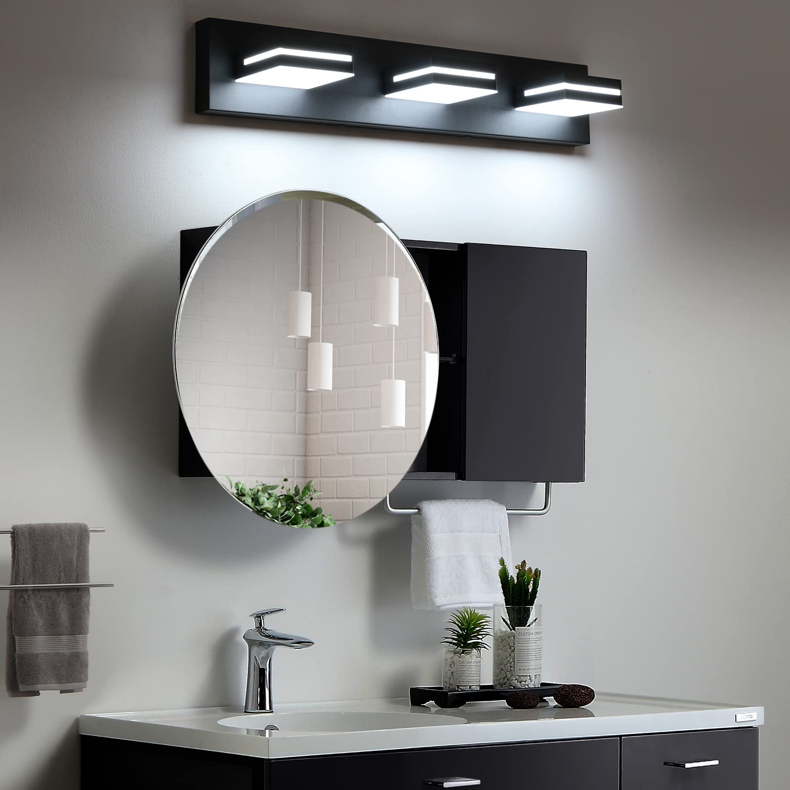 Sinerise Led Modern Bathroom Vanity Light Fixtures (3-Light, 24-Inch), Matte Black Modern Acrylic Bathroom Wall Lighting Fixture