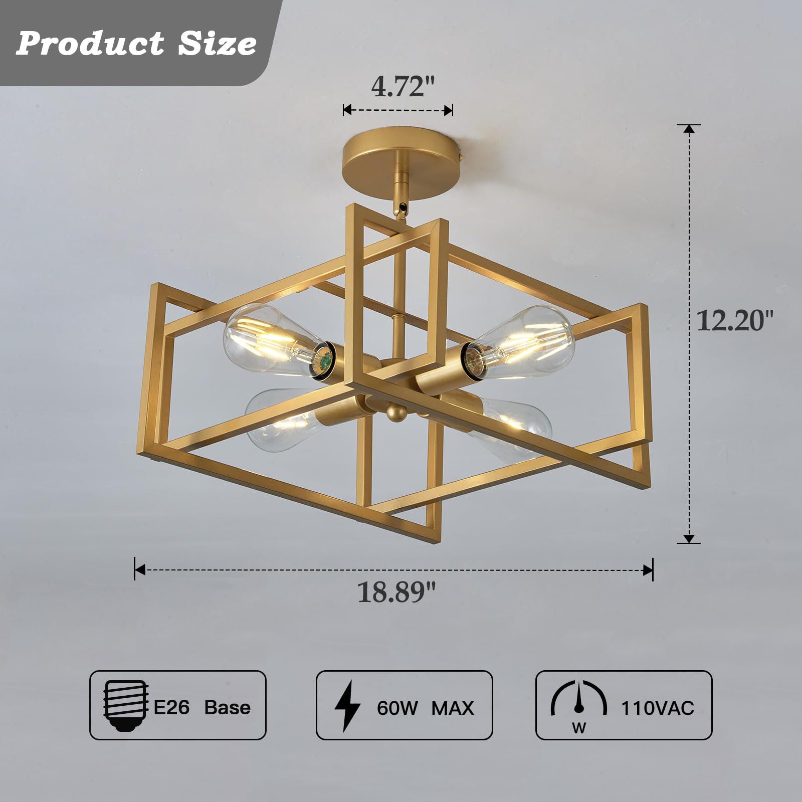 Zglaojt 4-Lights Ceiling Light Gold Light Fixture Industrial Flush Mount Ceiling Light Farmhouse Chandelier Lighting For Kitchen