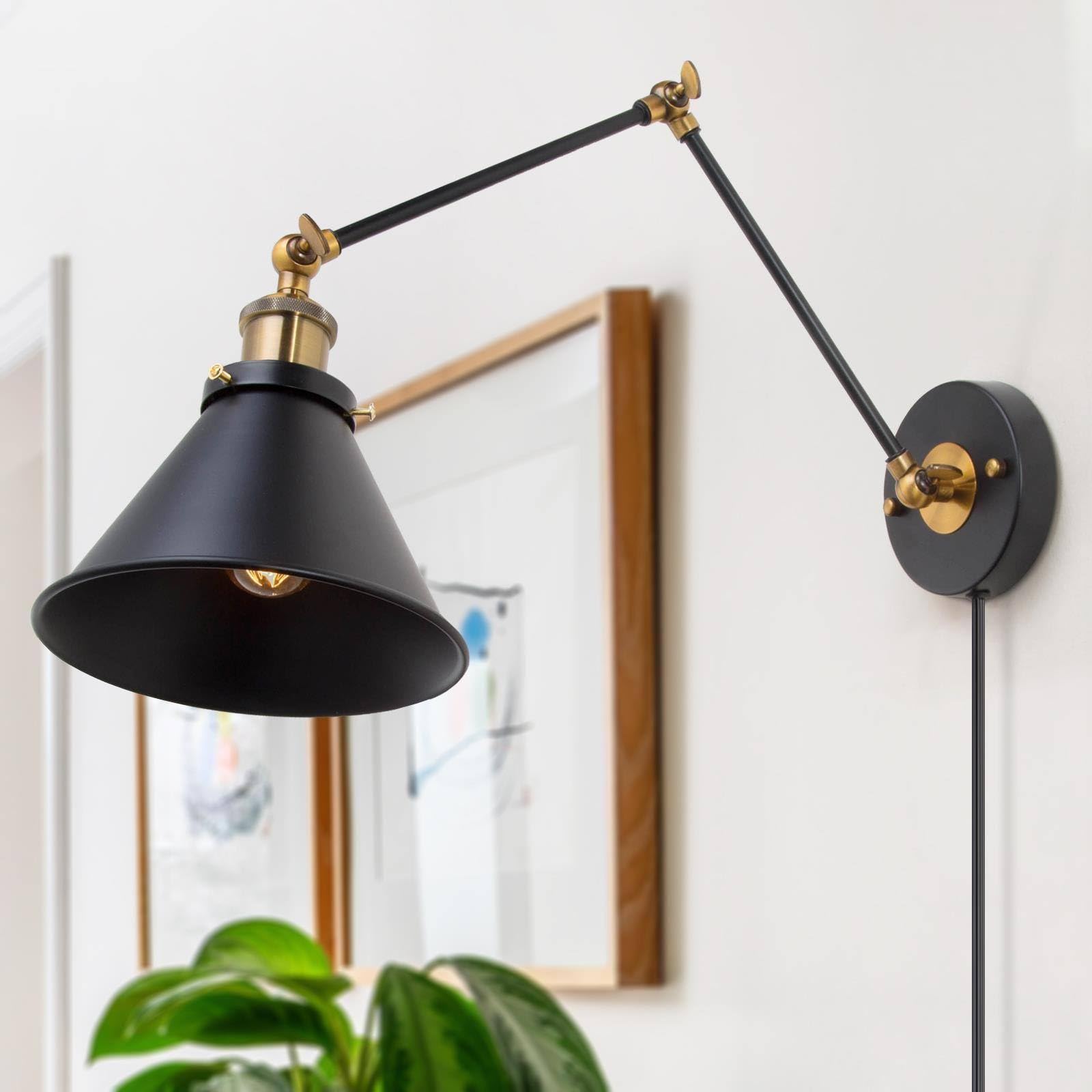 LALUZ Wall Sconces, Modern Swing Arm Plug in or Hardwired Sconces Wall Lighting Lamp with Polished Brass Finish, Wall Sconce Lig