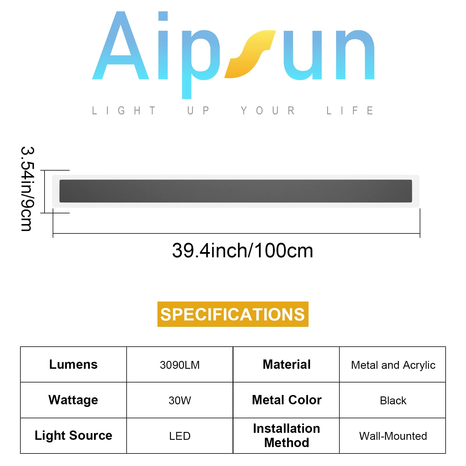 Aipsun Outdoor Wall Sconces 39.4In Led Modern Porch Patio Wall Light Fixture 1 Pack Black Exterior Wall Lights 30W Long Strip Fr