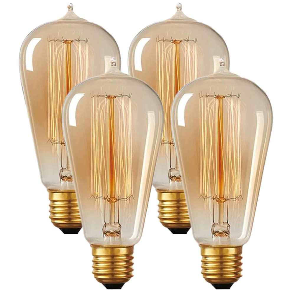 Vintage Incandescent Edison Light Bulbs 60W (4 Pack)- E26/E27 Base 2100K Dimmable Decorative Lightbulbs - St58 Style Amber Warm