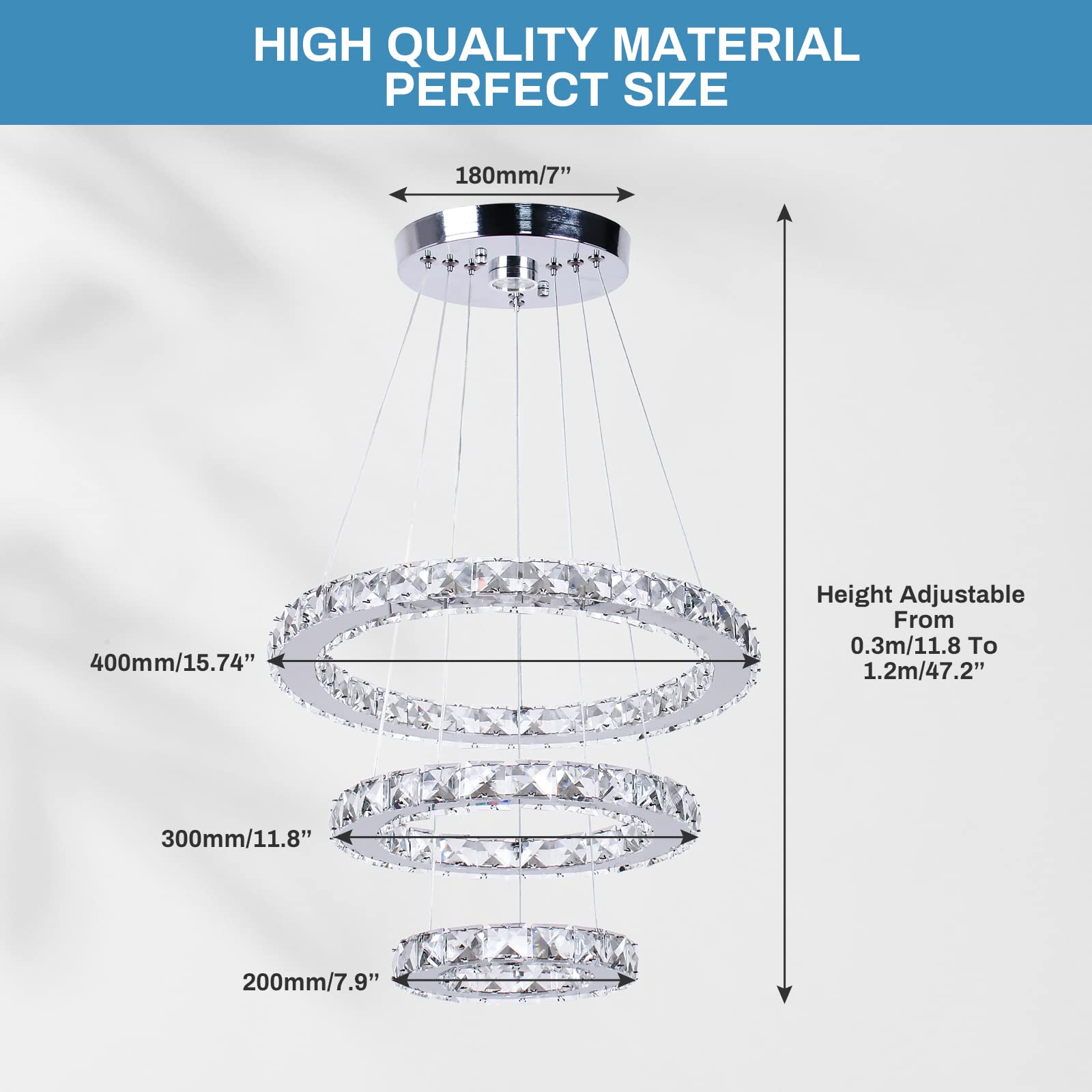 Cainjiazh Modern Crystal LED Chandelier, 3 Rings Round Design, Adjustable Stainless Steel, 234Round-3 Colors