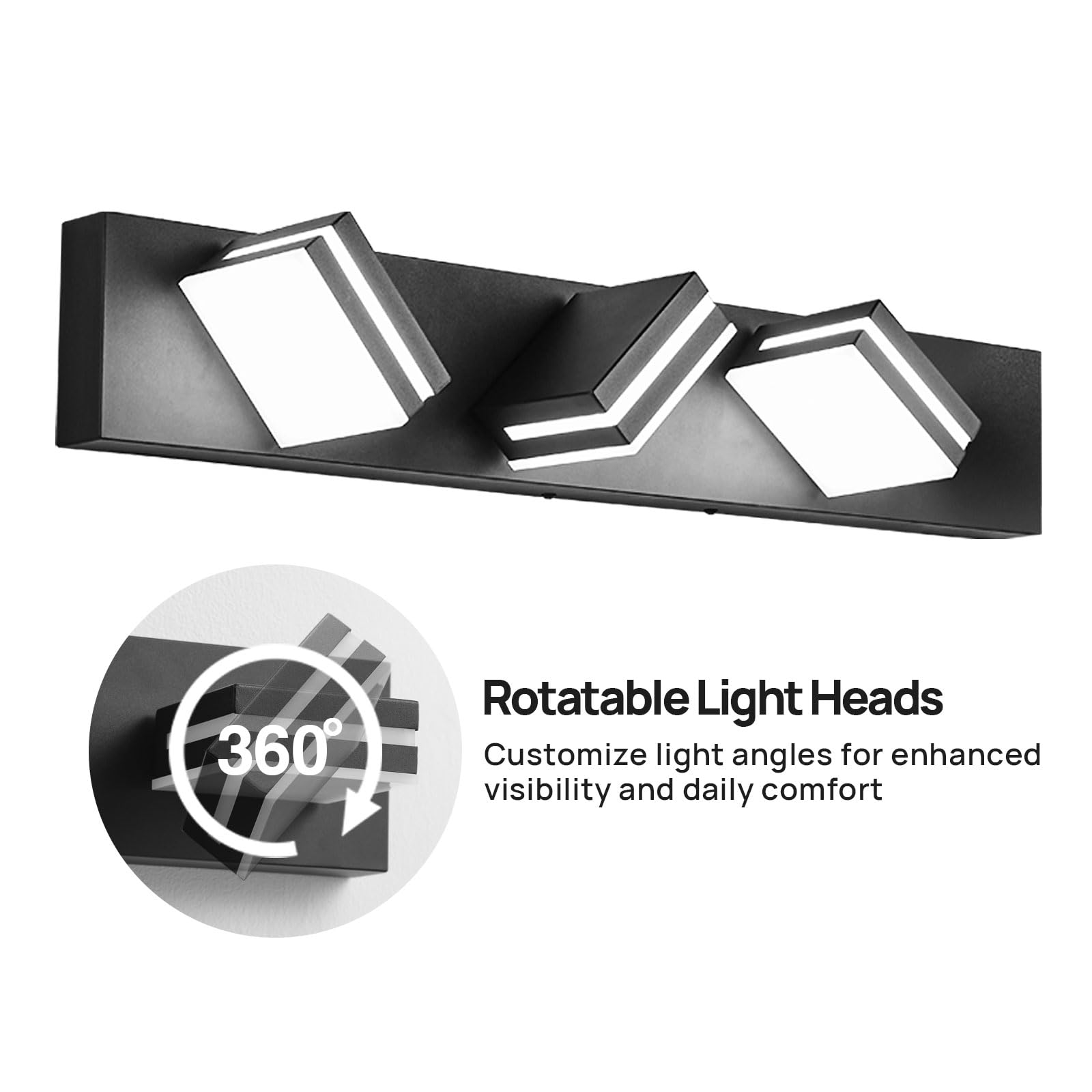 Likelgn 3-Light Bathroom Vanity Light Fixture, Modern LED, 22" W, Black, Rotatable Light Heads, Model LK-WL3310
