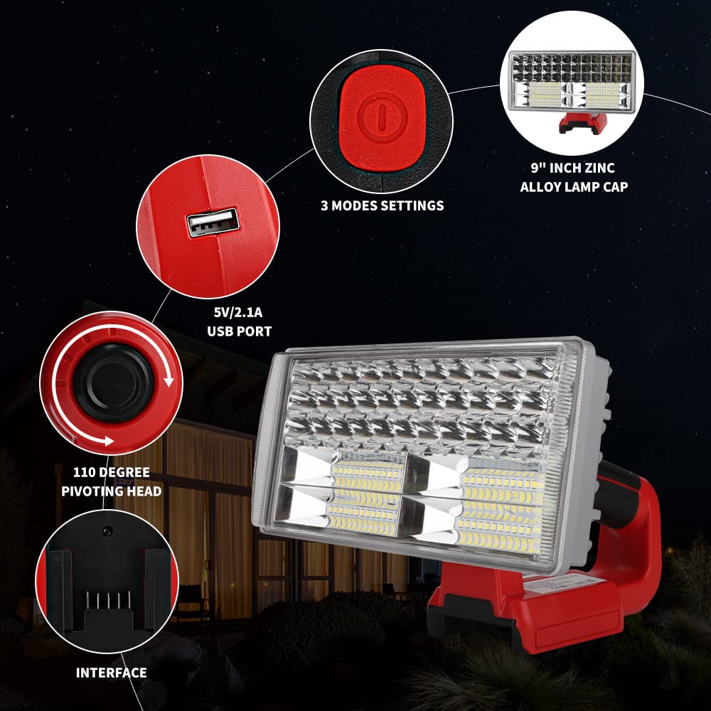 40W Cordless Flashlight For Milwaukee 18V Lithium-Ion Battery, Dteztech 4200Lm Led Work Light With Usb Port, 9'' Zinc Alloy Spot