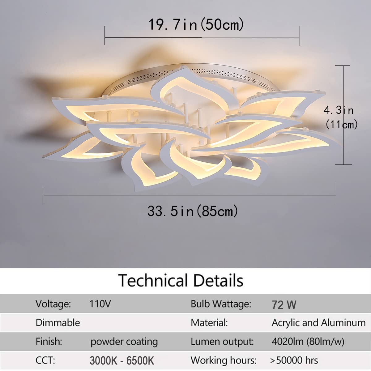 Garwarm Dimmable LED Ceiling Light 72W Flush Mount Chandelier 33.4in White Model 8370-10-WJ
