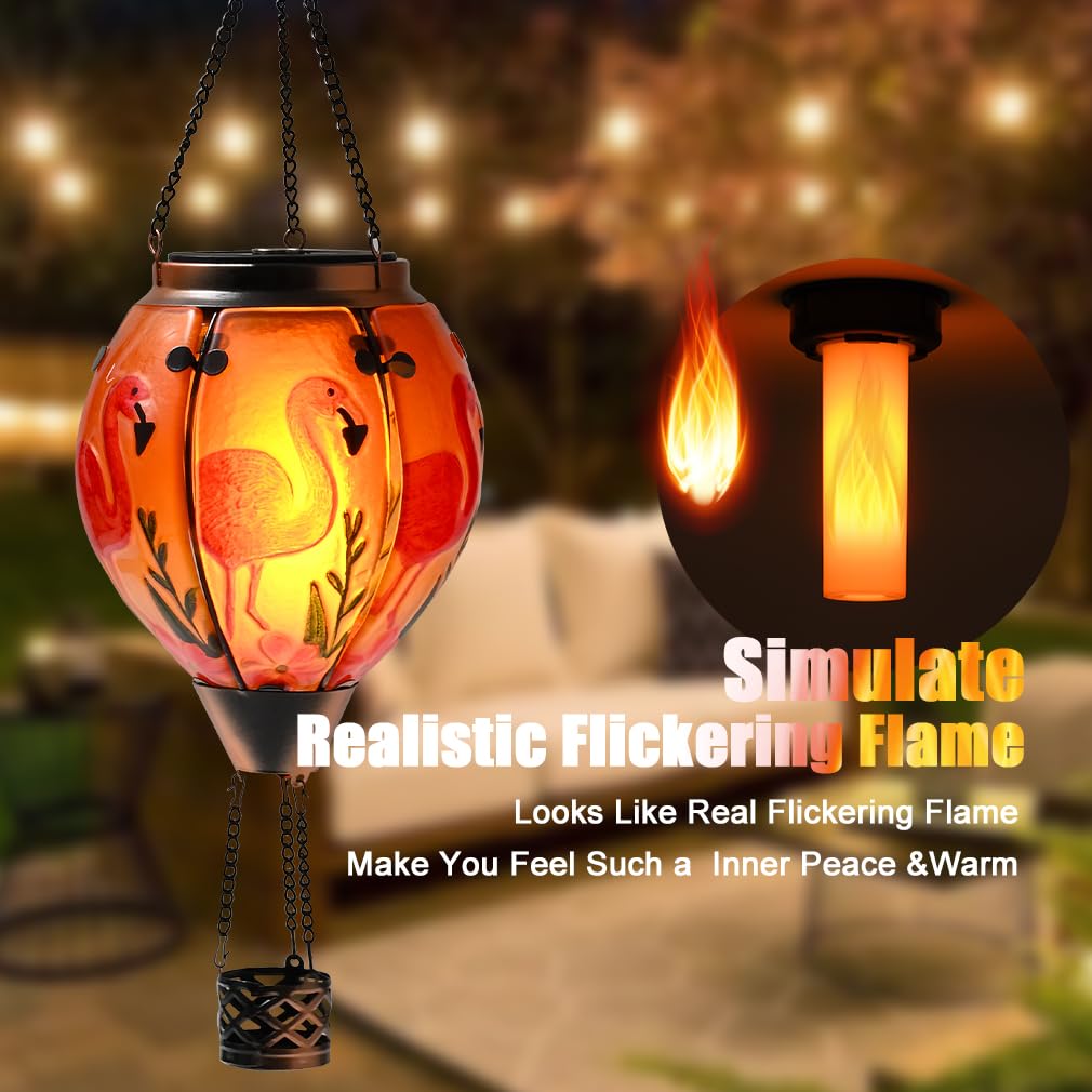 Hot Air Balloon Solar Lantern - Flamingo Stained Glass Lantern  Simulated Flickering & Dancing Flame  Outdoor Hanging Yard Light Waterproof Ip65 For Patio Lawn Porch Decor Gift