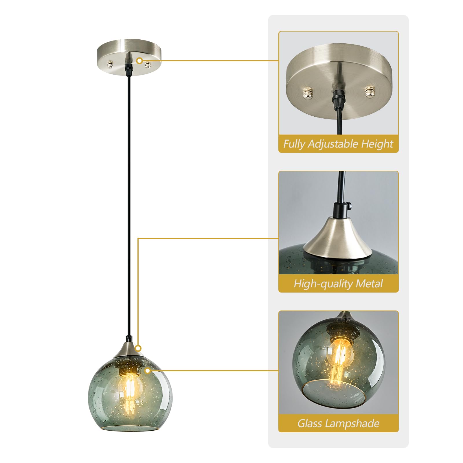 LBSQJ Glass Pendant Light Fixture - Modern Gray Green Globe Pendant for Kitchen Island, Bedroom, Dining Room - 5.9in, 1-Pack, Model LBSQJ-460