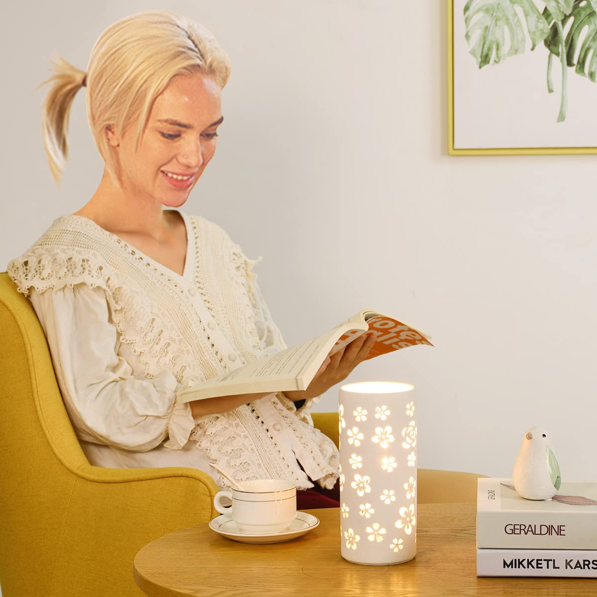 Lampwell Dana Small Modern Ceramic White Table Lamp,3.54H7.87In,Bulb Excluded,Carving Flower