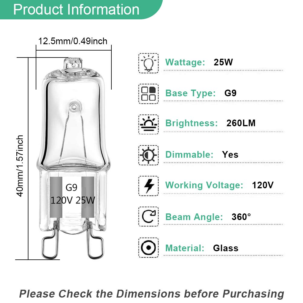 TAIYALOO G9 Halogen Light Bulbs 25W 120V T4 Bi-Pin Warm White 2700K Dimmable (12 Pack) Glass for Chandeliers,