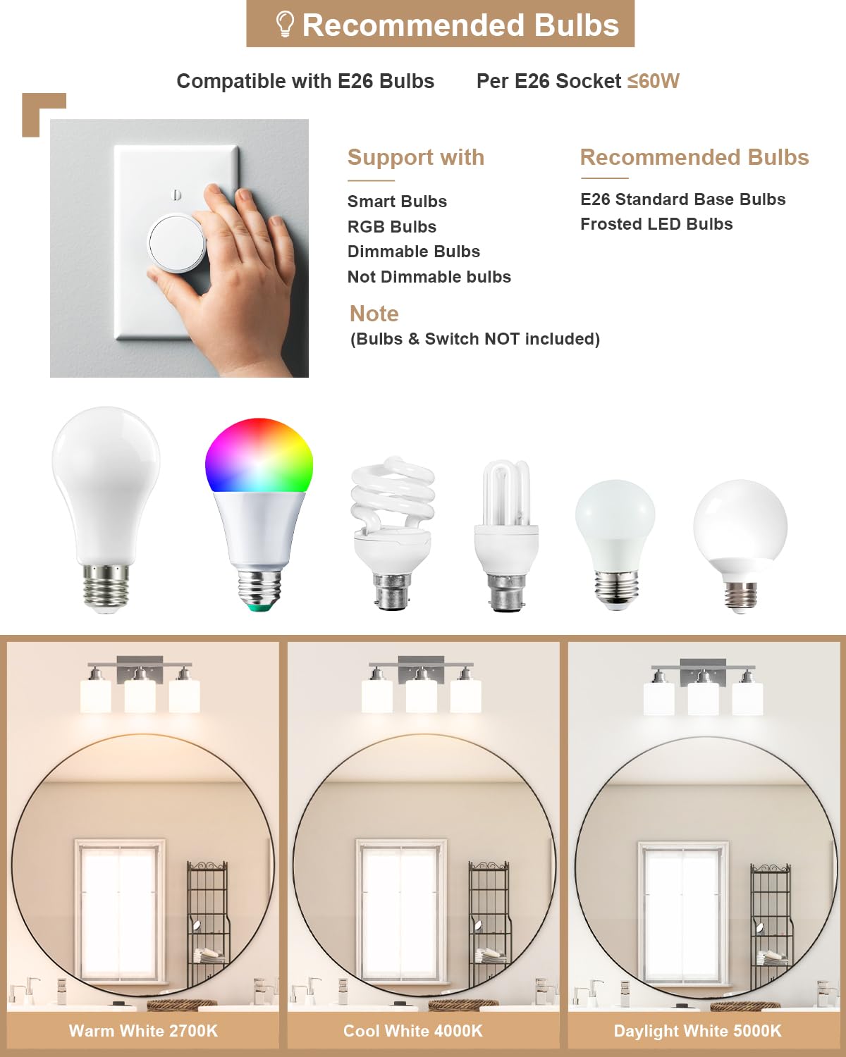 Sailstar Bathroom Light Fixtures Over Mirror, 3-Light Vanity Lights Brushed Nickel, Modern Bathroom Vanity Light, Glass Shade &