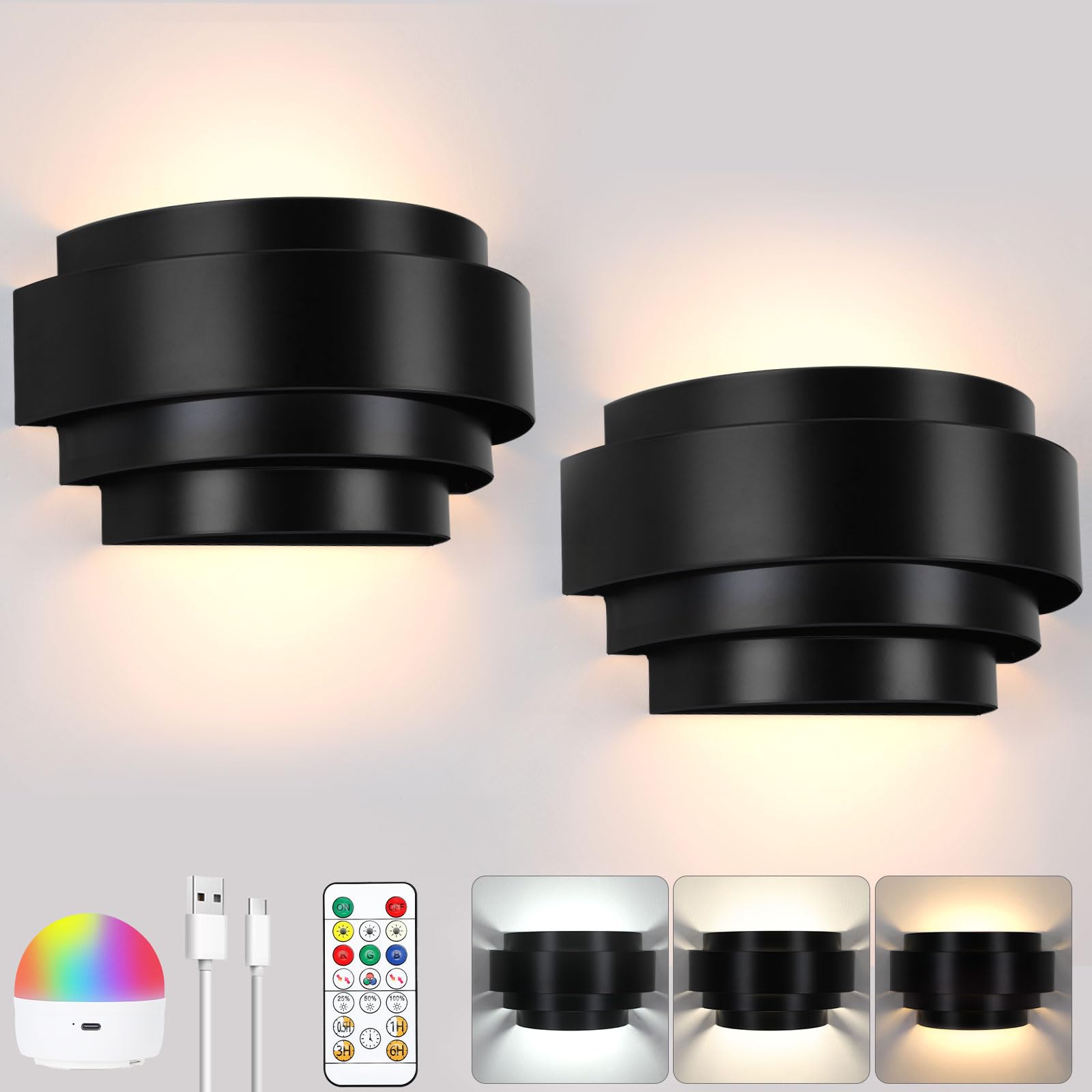 Lightess Wall Sconces Set of 2, Rechargeable Wall Lights with Remote and RGB Bulbs, Black Battery Powered Wall Sconce for Bedroo