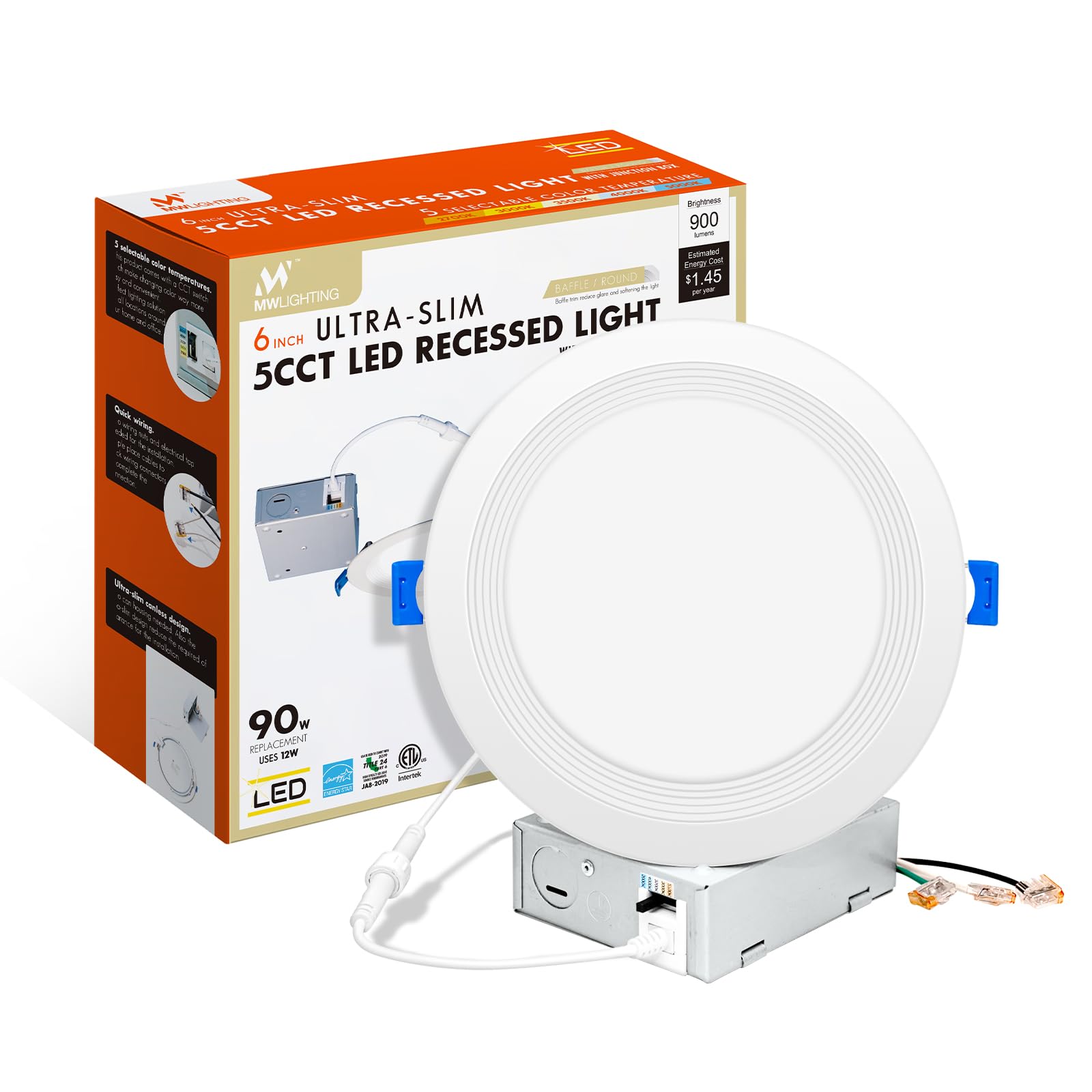 mw 6 Inch Ultra-Thin LED Recessed Ceiling Light, Dimmable, 900LM, ETL Certified, White, Model MW-RSD