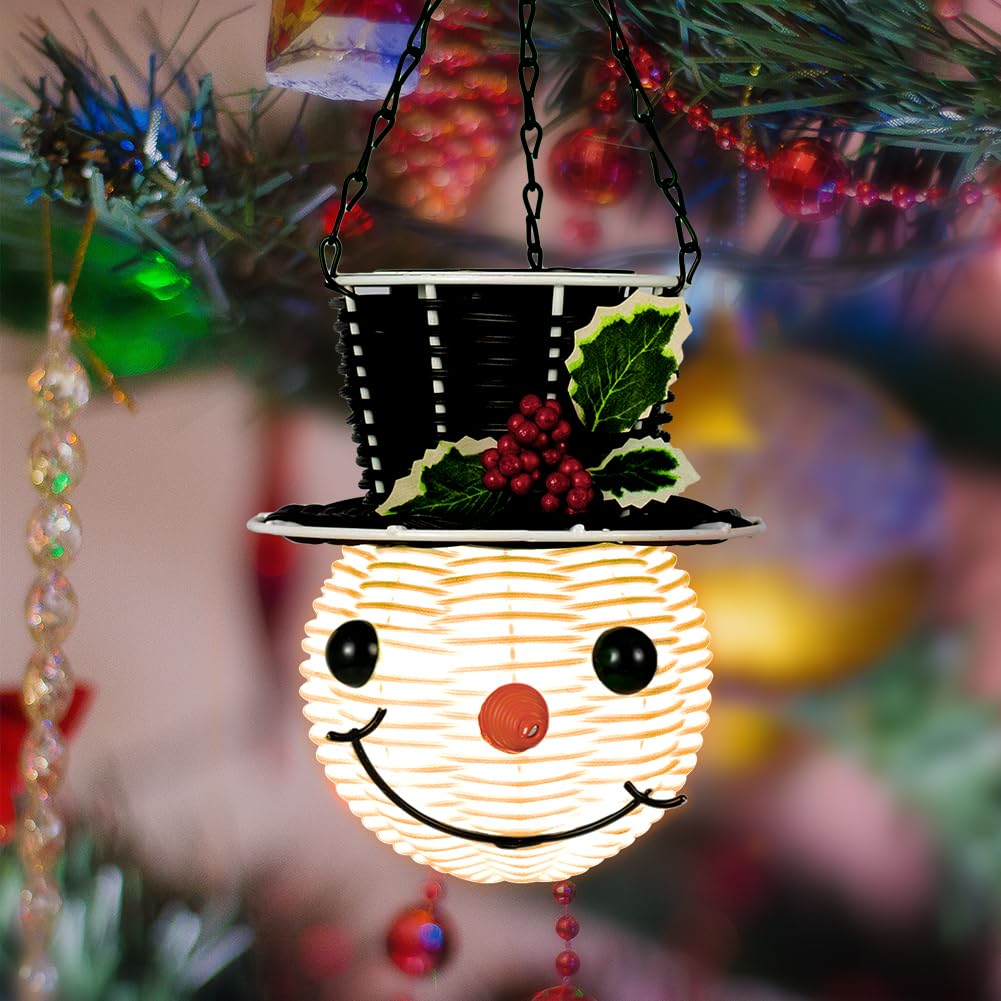Snowman Hanging Solar Lantern Christmas Outdoor Decorations Yard Rattan Outdoor Lanterns For Patio Waterproof Holiday Solar Powered Lights For Garden Tree Decor