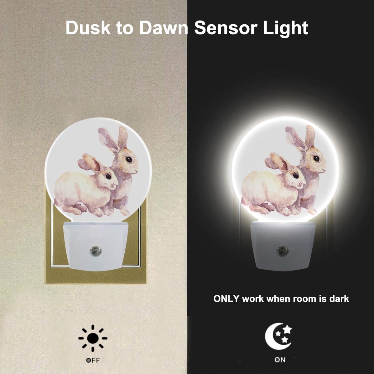 Ekobla White Rabbit Night Lights Plug Into Wall Easter Bunny Ears Night Light Auto Sensor Led Round Lamp For Boys Girls Women Ha