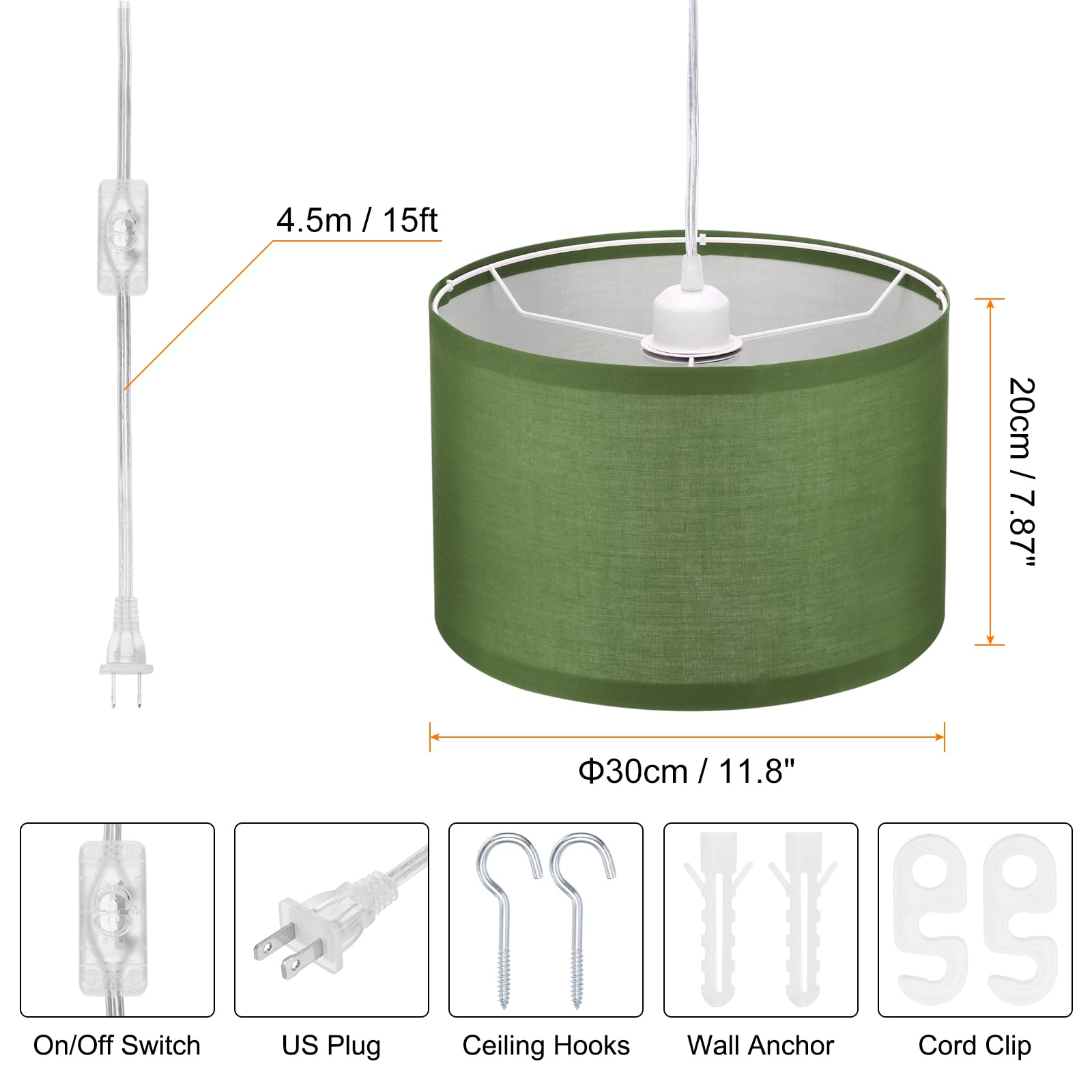 Patikil Plug In Pendant Light, 15Ft Rope Cord Hanging Lamp Fixture Army Green