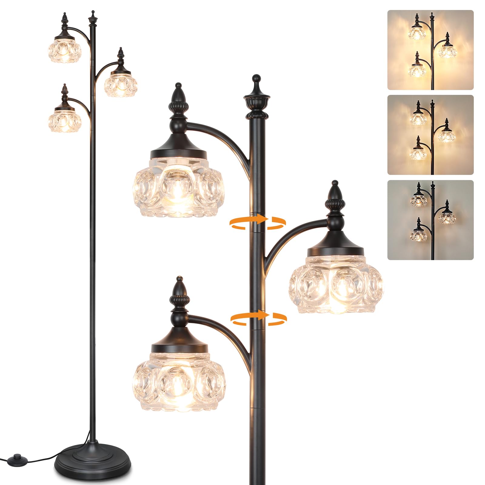JUNNAI Black Floor Lamp for Living Room,Tall Standing Lamp Dimmable Tree Floor Lamps with 3 Rotatable Lights Glass Shade 66.5 