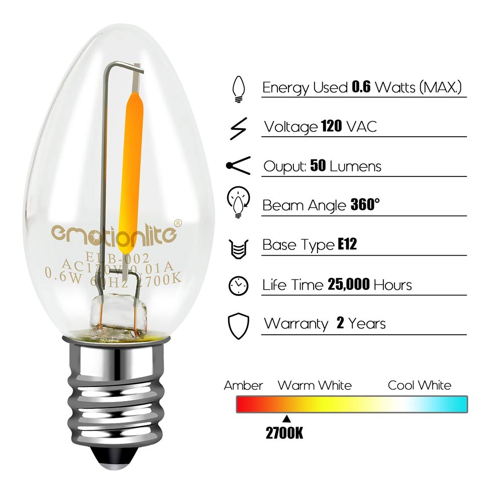 Emotionlite Night Light Bulbs, Led C7 Bulb, E12 Candelabra Base, Salt Lamp And Nightlight Replacement Bulb, 0.5W, Warm White 2700K, 50Lm, 30 Pack
