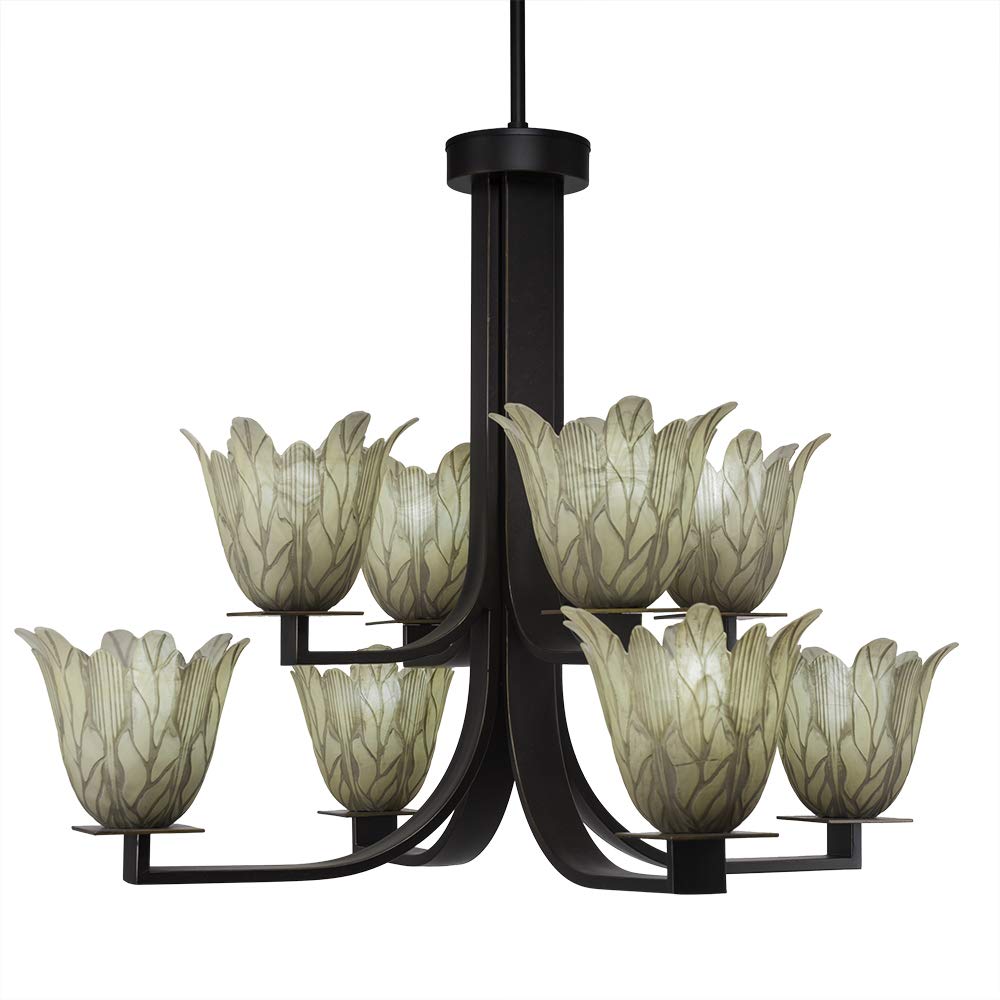 Toltec Lighting 578-DG-1025 Apollo 8 Light Hang Straight Swivel Chandelier with Vanilla Leaf Glass, 7&quot;, 30.5&quot; x 30.5&quot; x 23&quot;, Dark Granite