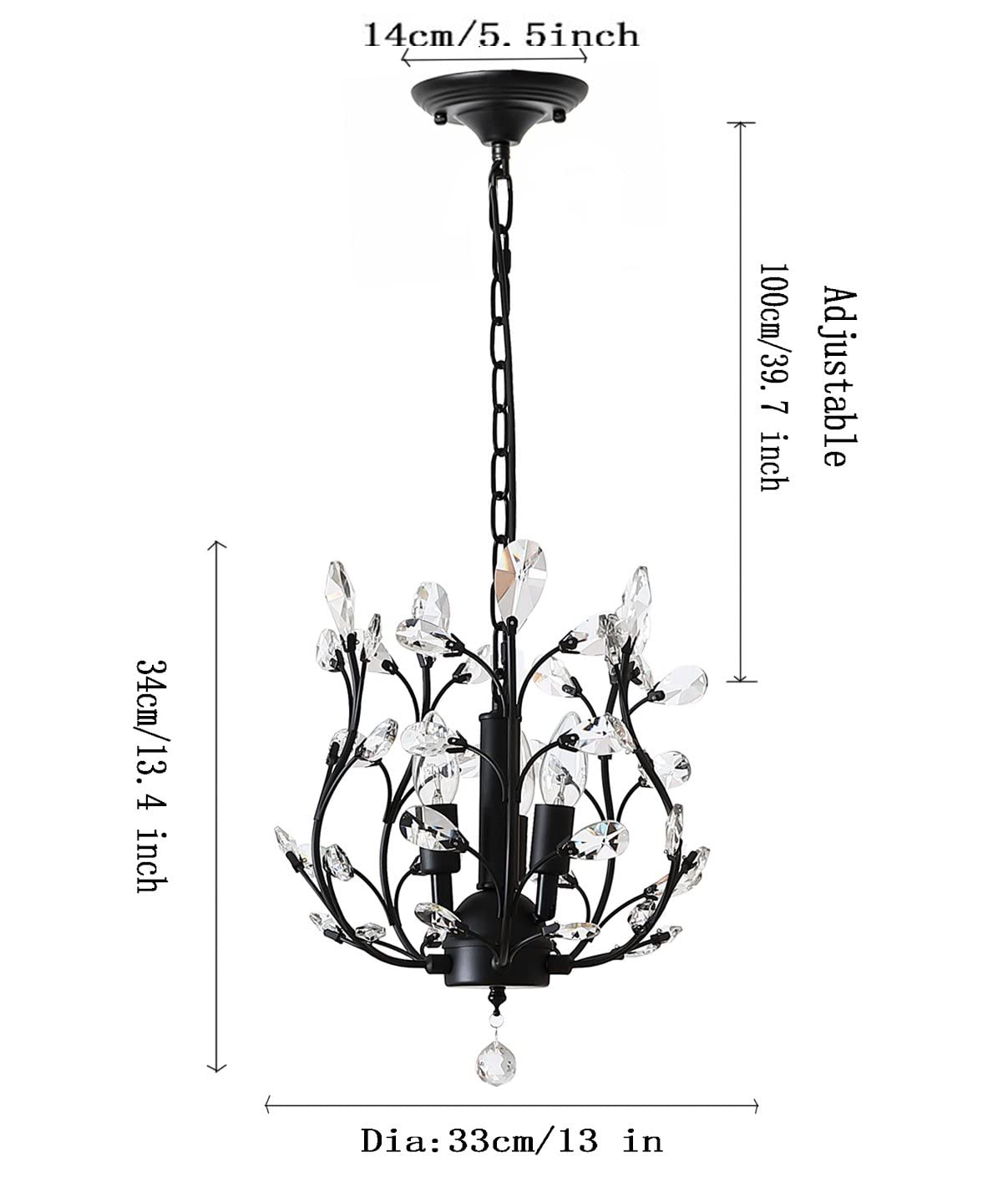 Ganeed Vintage K9 Crystal Chandelier - 3-Light Flush Mount Fixture, Black Iron For Living Room, Dining Room, Restaurant, Hallway