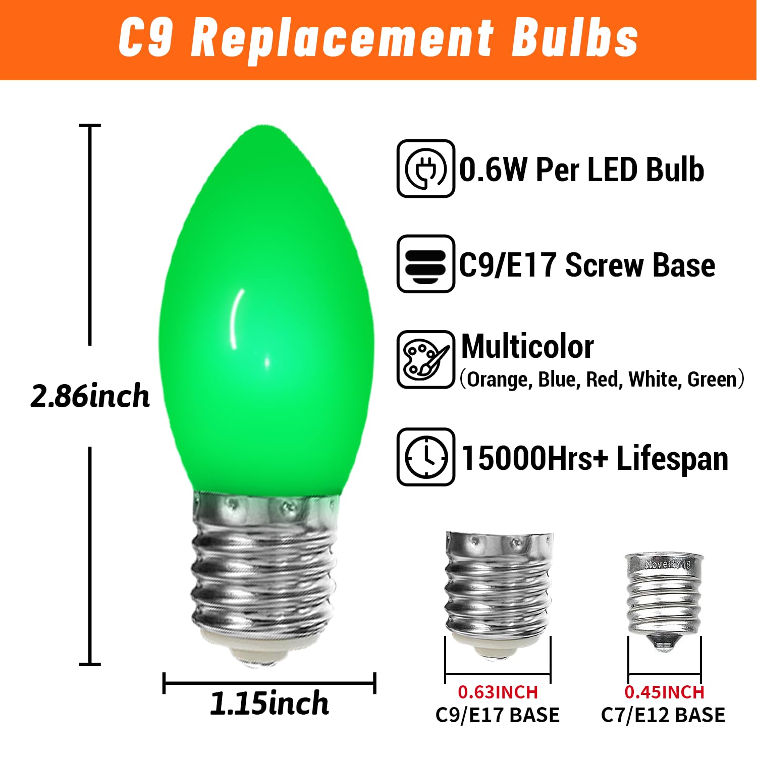25 Pack Multicolor C9 Led Christmas Light Bulbs 0.6W Equivalent To 7W, Shatterproof Plastic C9 Replacement Led Bulbs For Outdoor