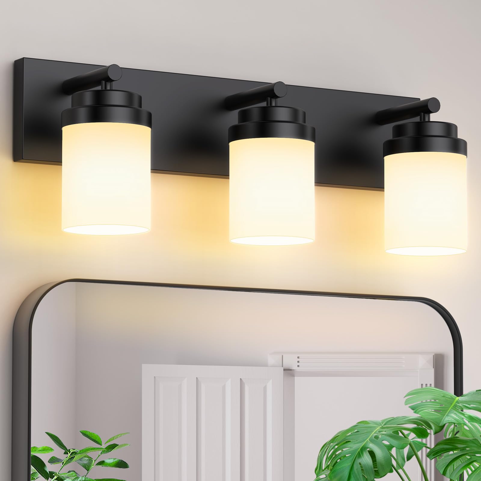 LKHF Bathroom Vanity Light, 3-Light Matte Black Fixture, Clear Glass Shade, Model SPU143T, 22in Base Plate