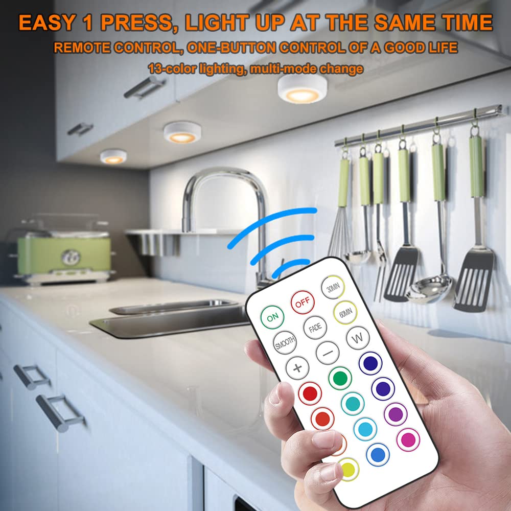 Deitybless 13-Color LED Puck Lights with Remote Control | Wireless Battery-Powered Stick-On Under Cabinet Lighting | Dimmable Co