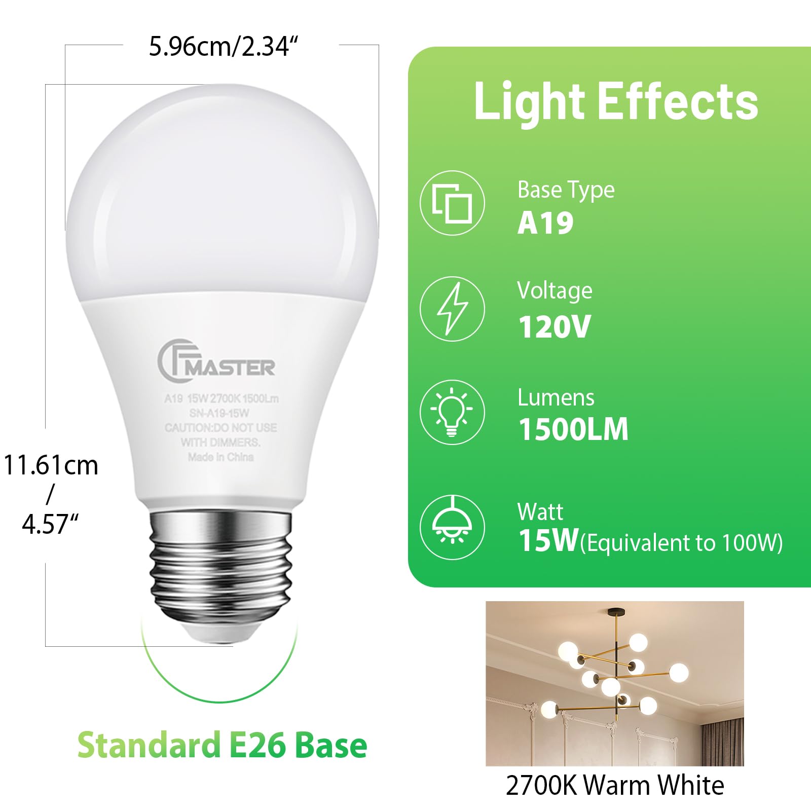 Jiangsiling A19 Led Light Bulb, 100W Equivalent Light Bulbs, 15W 2700K Warm White, 1500 Lumens, Non-Dimmable Led Bulb, E26 Stand