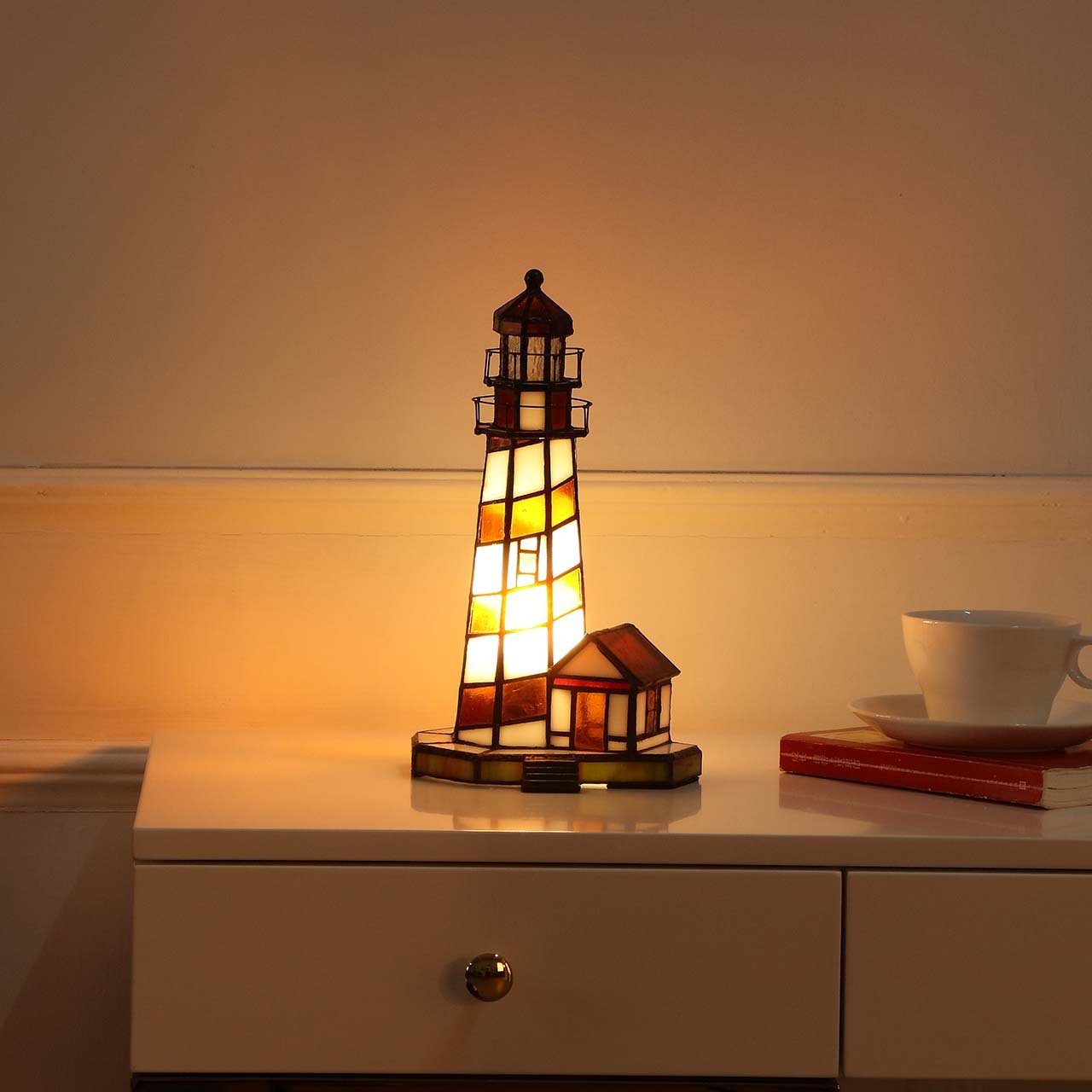 Bieye Lighthouse Tiffany Style Stained Glass Table Lamp, Amber, 6x6x11, Model Phare