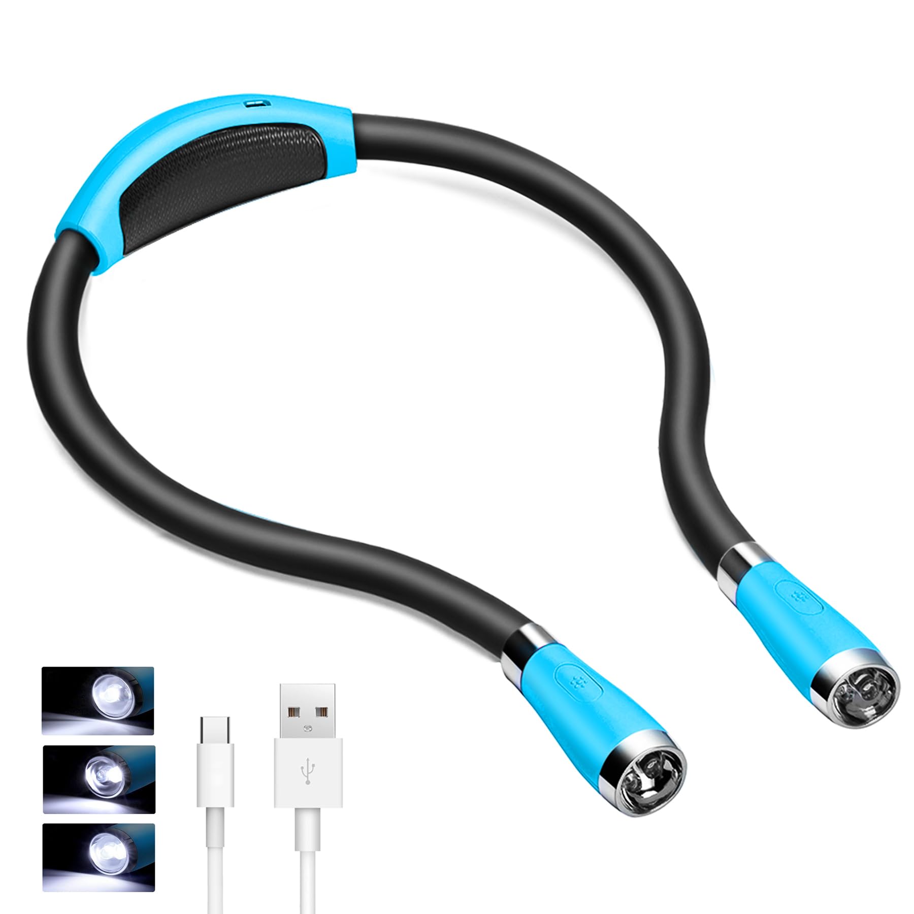 TSINGREE LED Neck Book Light, 4 Bright LEDs, 3 Brightness Levels, USB Rechargeable, Blue, Model QRNBL