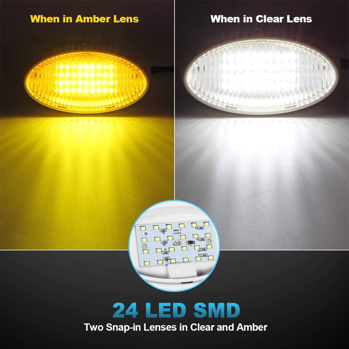 Partsam Oval LED RV Porch Light with Switch, 12V, 6inx3.5inx2in, White Base, Model 201909, Clear and Amber Lenses, Surface Mount