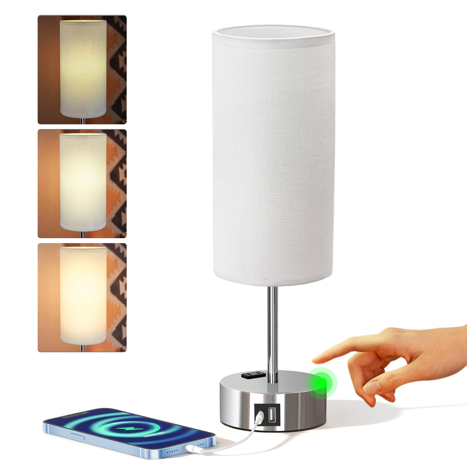 Kpq Small Bedside Lamp Touch Control Table Lamp With Usb A+C Charging Ports & Ac Outlet 3-Way Dimmable Nightstand Lamp With Linen Fabric Shade For Bedroom Living Room
