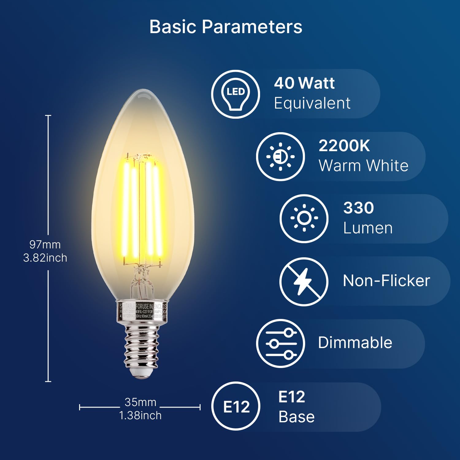 FLSNT LED Candelabra Light Bulbs, 40W Equivalent, Dimmable, 2200K Warm White, 12 Pack, Amber Glass