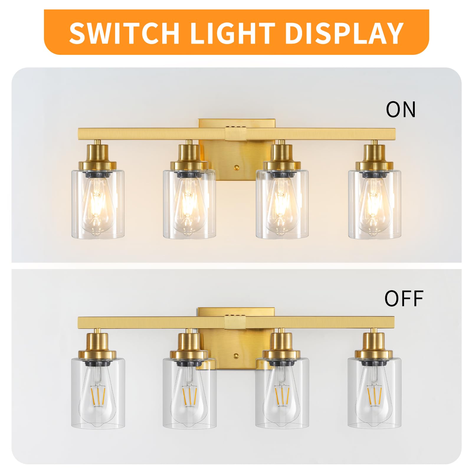 Dikaida Bathroom Vanity Light, 4-Light Modern Matte Gold Wall Sconce Lighting With Clear Glass Shade, Black Wall Lights,Bath Vin