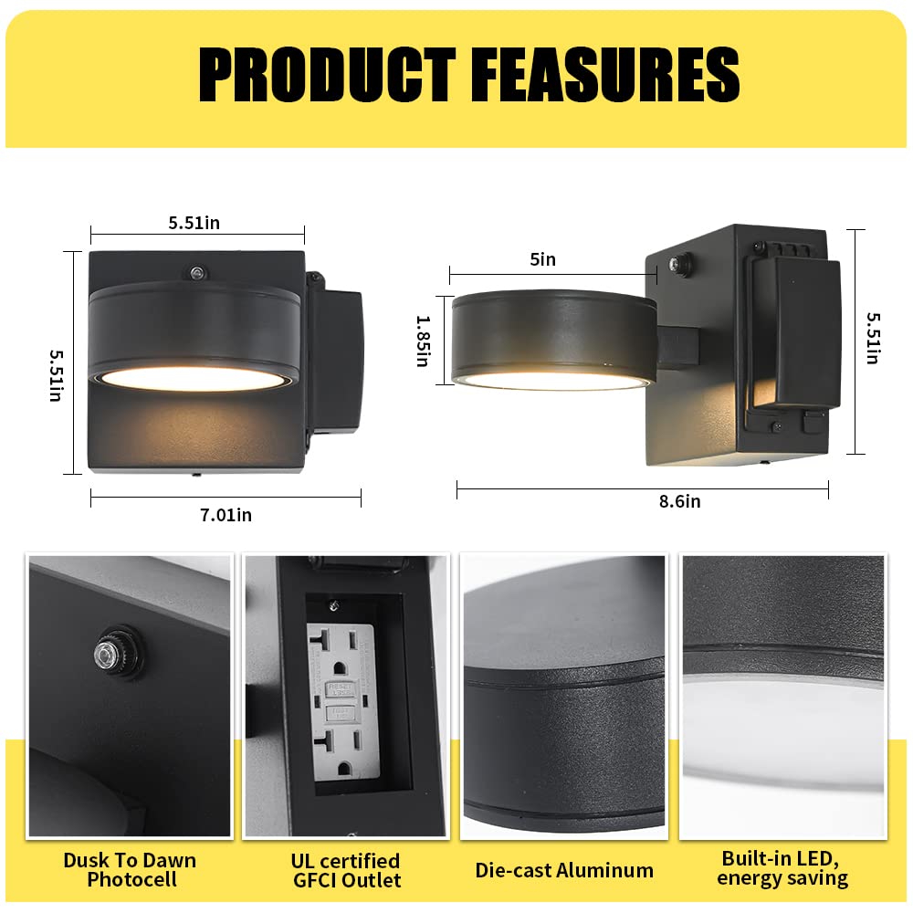 Double Century Outdoor Porch Lights With Gfci Outlet, Dusk To Dawn, Waterproof Aluminum