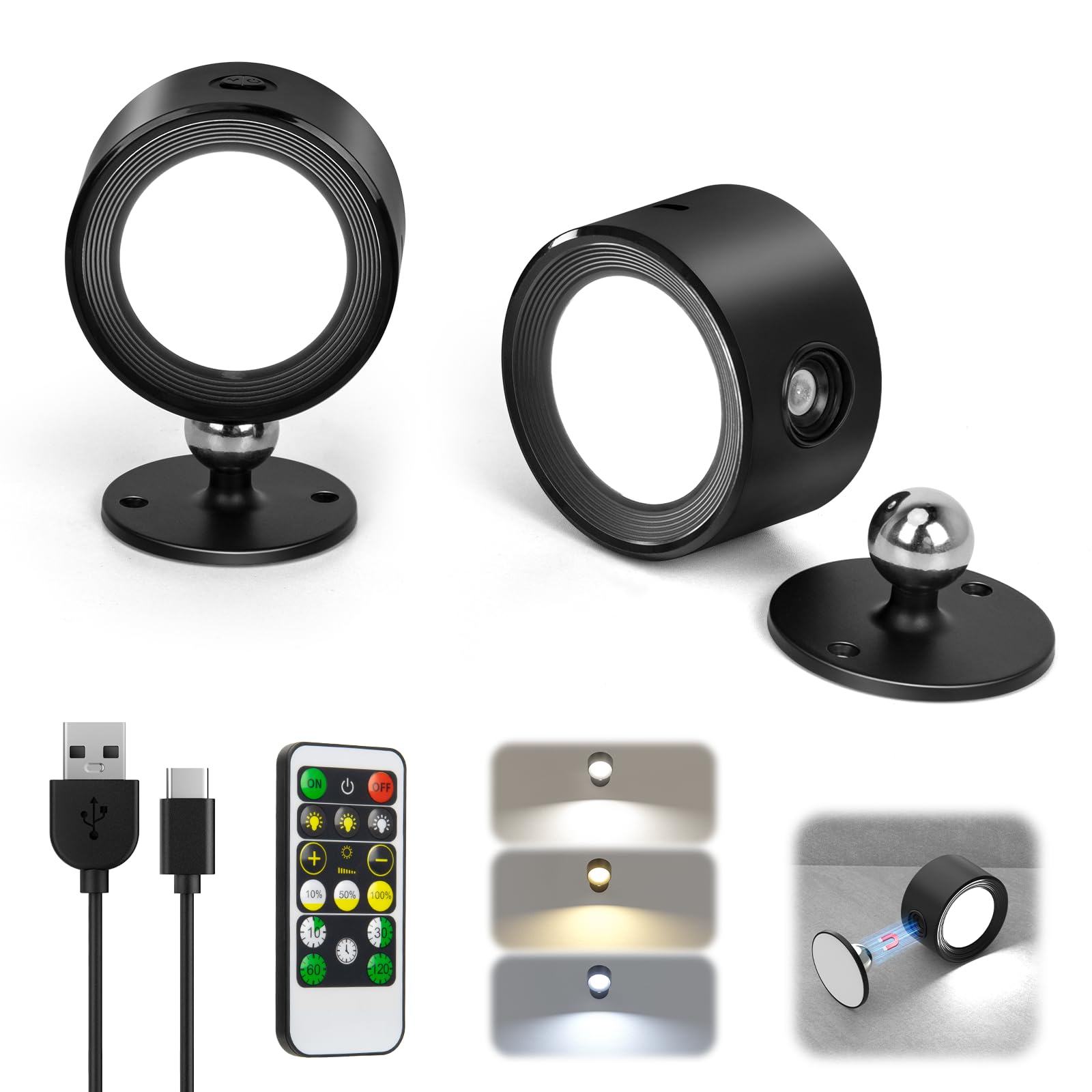 LED Wall Lights, Wall Lamp 3 Color Temperatures & Dimmable Magnetic 360 Rotation with Remote, Wall Sconces 2 Pcs with 3000mAh Re