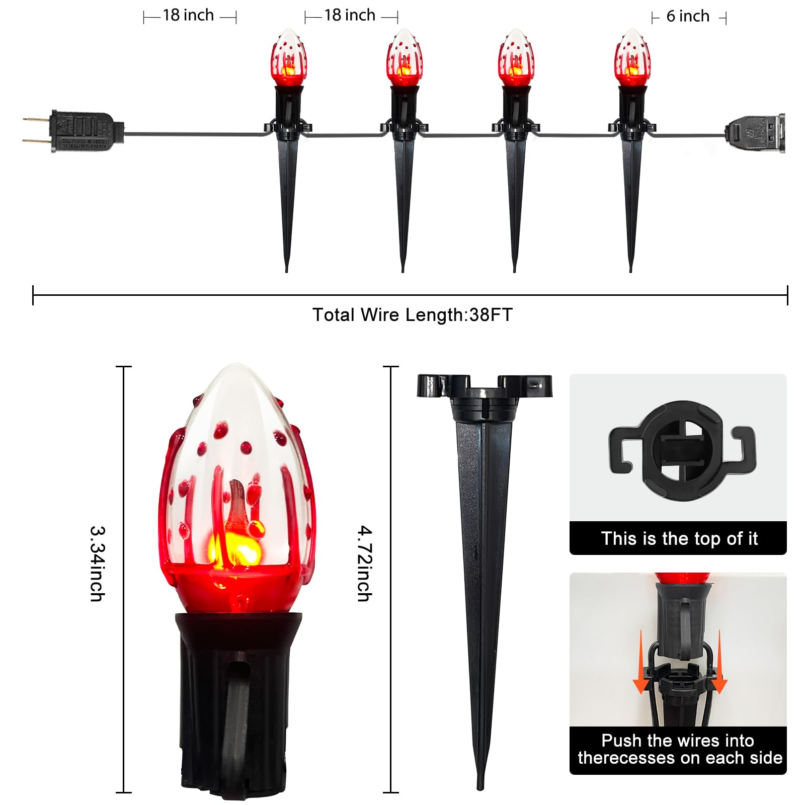 38Ft Outdoor Halloween Decorations Pathway Lights, C9 Flickering Flame Pathway String Lights With 25 Stakes Lights, Plug In Hall