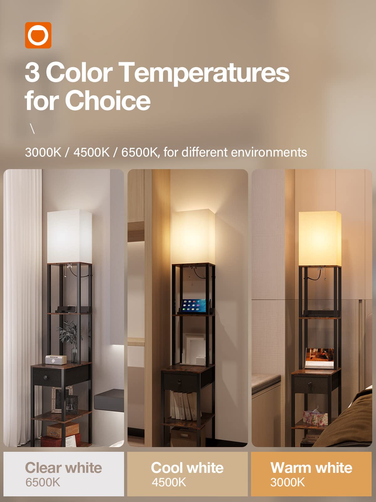 Addlon Floor Lamp With 2 Usb, 1 Outlet And Drawer, 3 Color Temperatures Led Bulb (9W), Sofa Lamp With White Lampshade, Display F