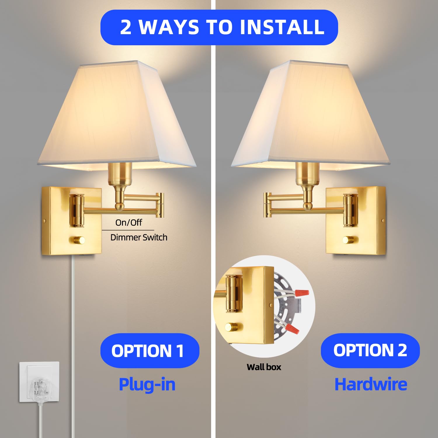 PULLCU Wall Mounted Lamp, Dimmable Swing Arm Sconce, Gold, Metal, Model JDS-BD-009, USB Port, Suitable for Hallway, Bedroom, Living Room