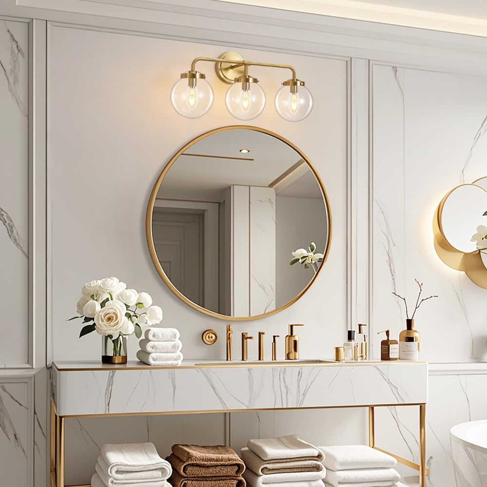 Deyidn Gold Bathroom Vanity Light Fixtures, Modern Brass 3-Light Wall Sconce, Transparent Glass Ball Shade, Model 1758
