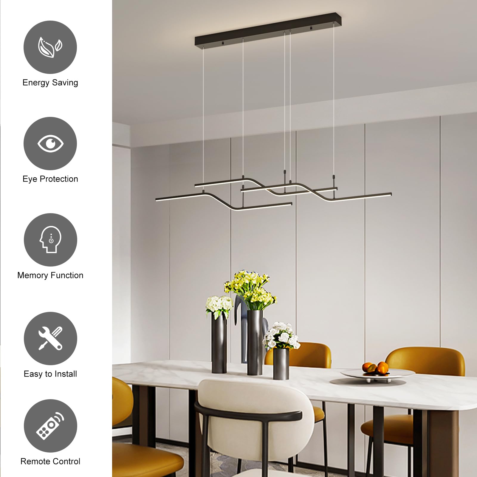 Siittoo Modern Black Pendant Light 3-Light Dimmable LED Chandelier 52in Aluminum Model 988B