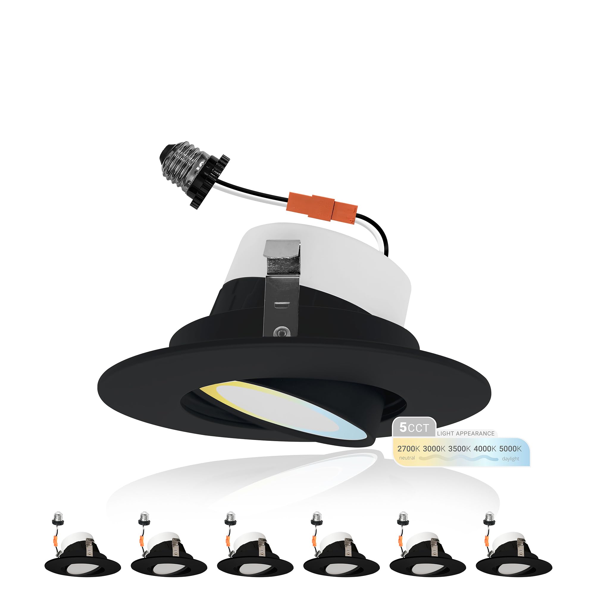 Nuwatt Black 4 Inch Gimbal Retrofit Led Recessed Lighting, 5Cct Selectable 2700K/3000K/3500K/4000K/5000K, High Brightness 750 Lm, 10W, Adjustable Sloped Ceiling Light, Dimmable Eyeball Lights, 6 Pack