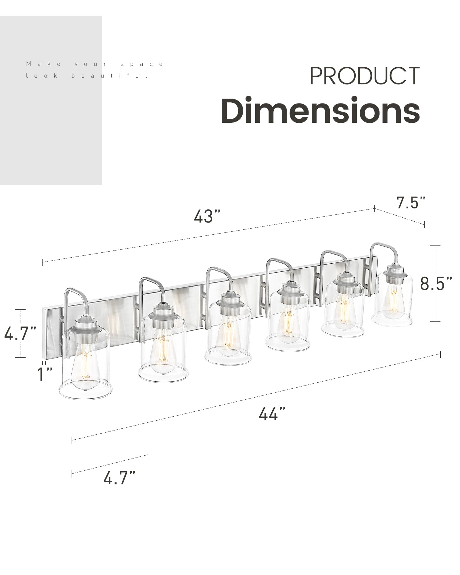 Zeyu 6-Light Bathroom Wall Light Fixture  44 Inch Modern Nickel Vanity Lighting Fixtures For Bedroom  Brushed Nickel Finish With Clear Glass Shade  Zsl72B-6W Bn
