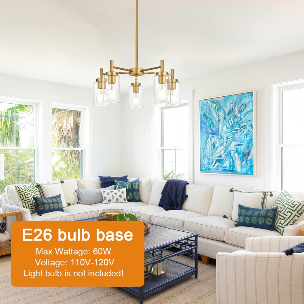 VINLUZ Retro Chandelier, 5 Light, Clear Glass Shade, Metal, Gold Finish, Modern Pendant Lighting for Kitchen Island, Dining Room