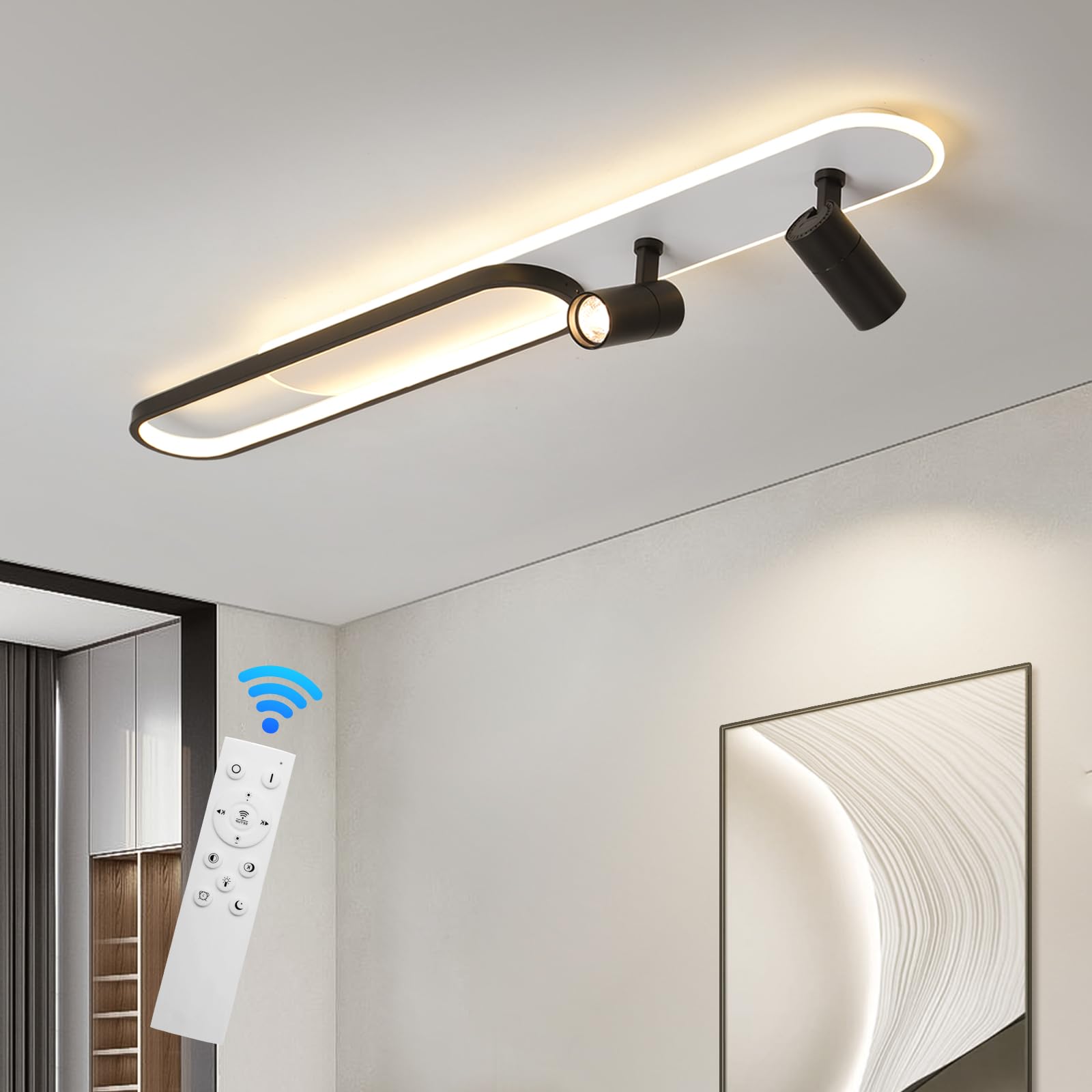 Linovix 47.24In Modern LED Ceiling Light with 2 Spotlights 60W Black Linear Flush Mount Light Fixture with Remote Dimmable(3000-