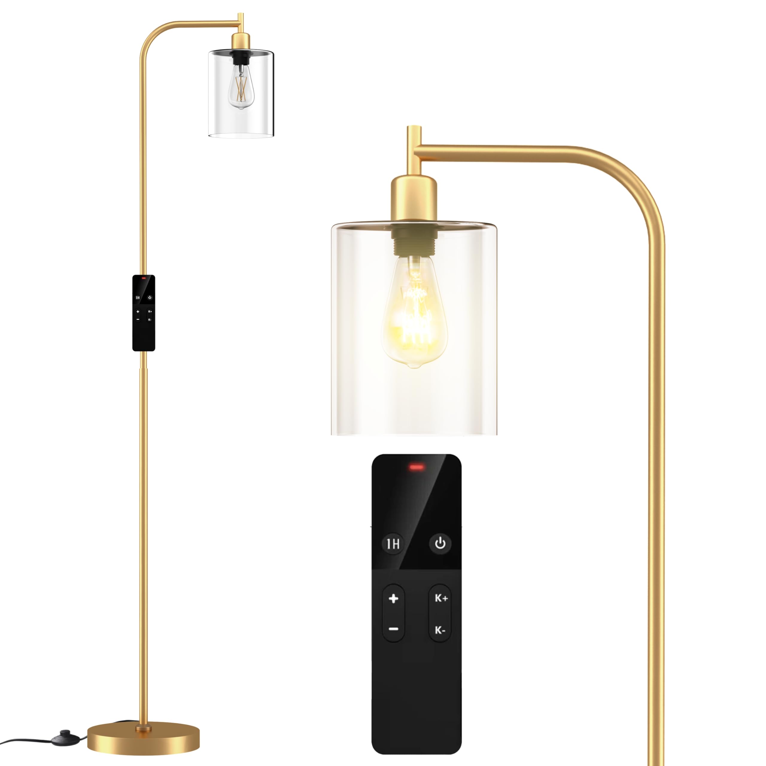 Wio-Mio Industrial Floor Lamp, Metal with Glass Shade, Dimmable, Remote LED Bulbs, Gold, Model MF19334