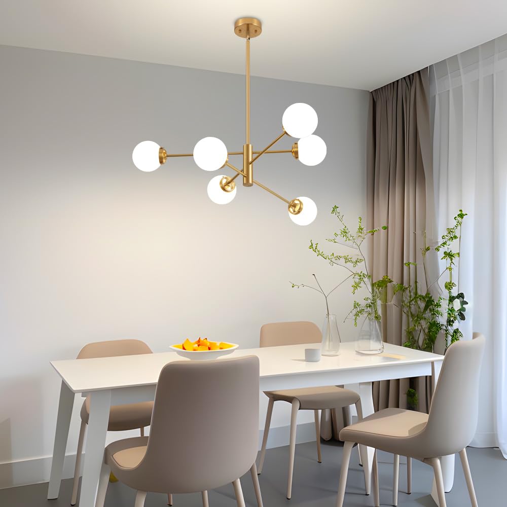 Deyidn Sputnik Chandelier, Gold Modern Chandeliers, Mid Century Ceiling Lighting Fixture 6-Lights With Milk White Glass Shade Fo