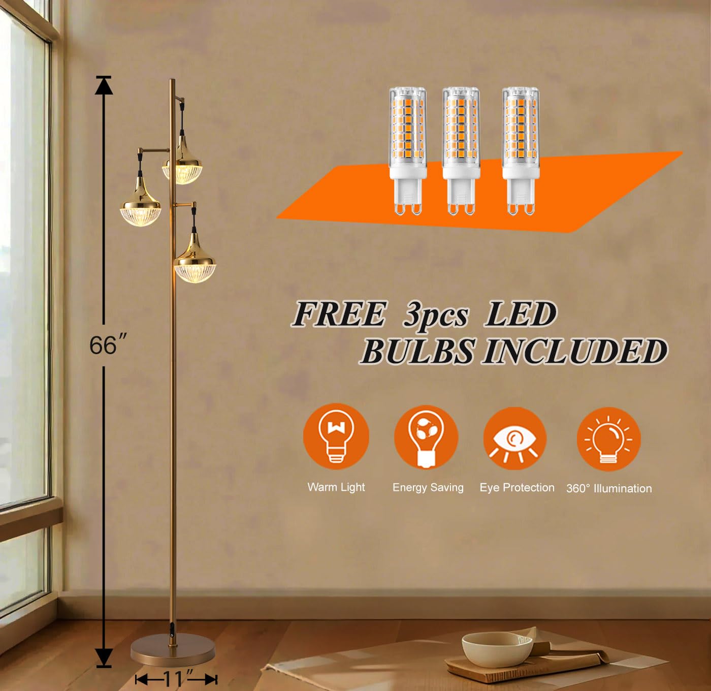 Fiqevs Mid Century Modern Floor Lamp With Led Bulbs & Elegant Ribbed Globe Shade, 3-Light Gold Standing Lamp For Living Room, Be