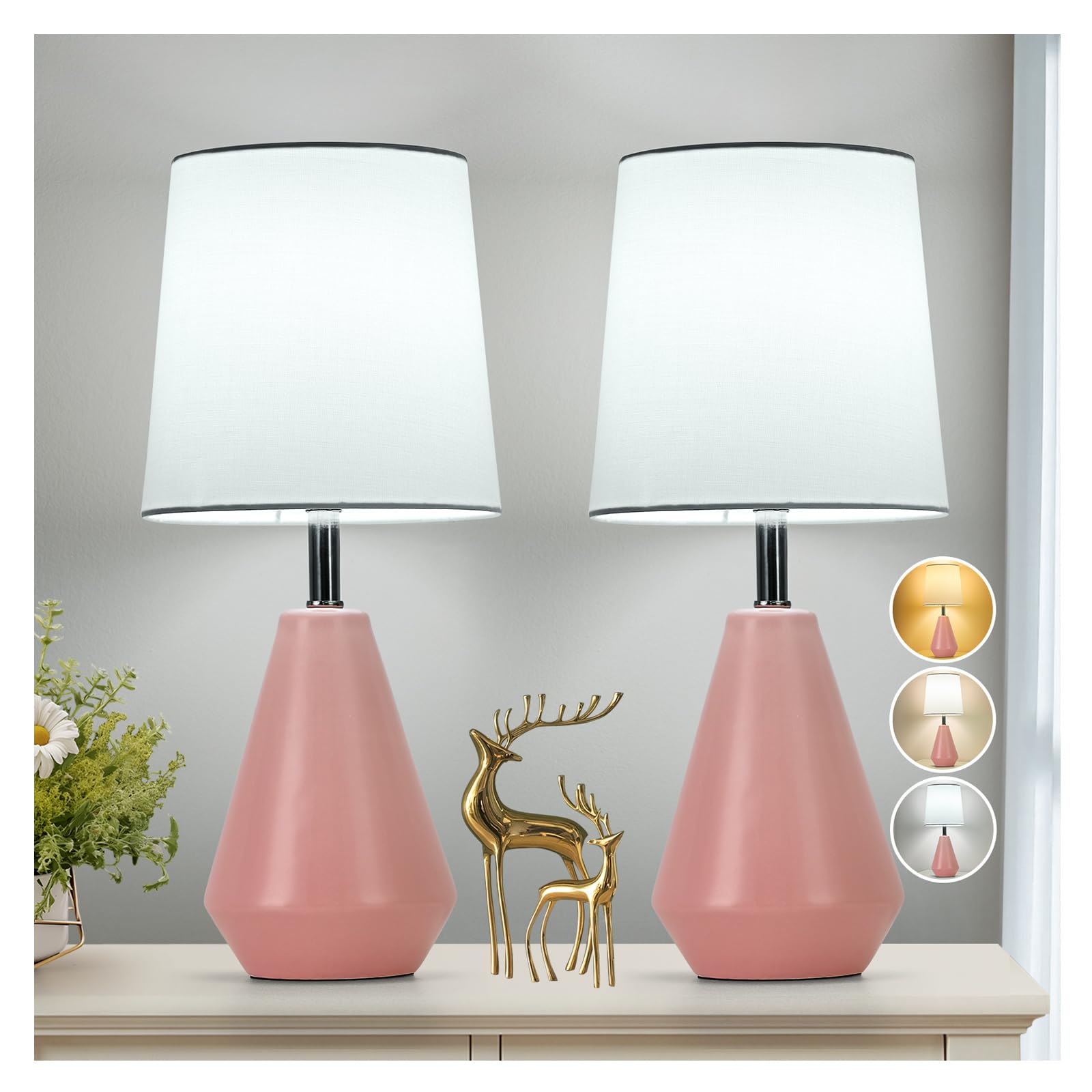 Small Bedside Table Lamp for Bedroom-Reading Desk Lamp Set of 2 with 3 Color Temperatures 15.5 Nightstand Ceramic Lamp with Fabric Shade for Kids Room Living Room Dorm Home Office(Pink+White)