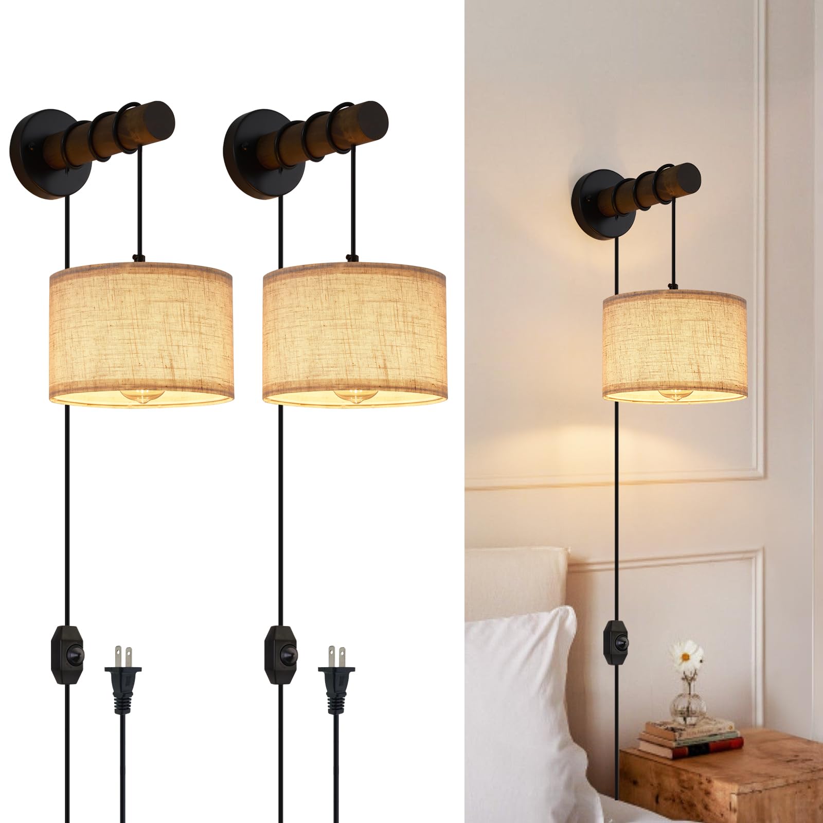 Xsdetu Plug In Wall Sconces Set Of 2  Farmhouse Wall Lamp With 5.9Ft Plug In Cord  Dimmable Hanging Wall Lighting With Fabric Shade  Adjustable Wall Mount Lights For Bedroom Living Room  Wooden Arm